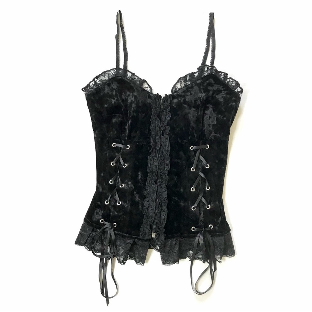 Black velvet lace goth corset bustier Laughing Vampire cami tank top Whimsigoth